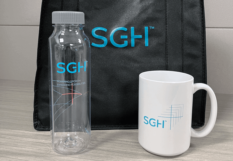 Reusable SGH water bottle, mug and tote bag, promote sustainability.